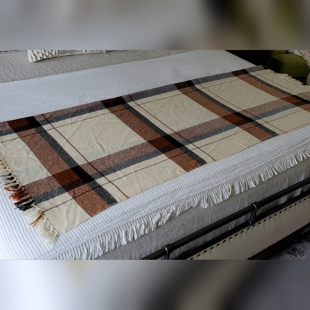 We Three Weavers Handwoven 100% Wool Cream/Black/Terra Cotta Plaid Throw Blanket